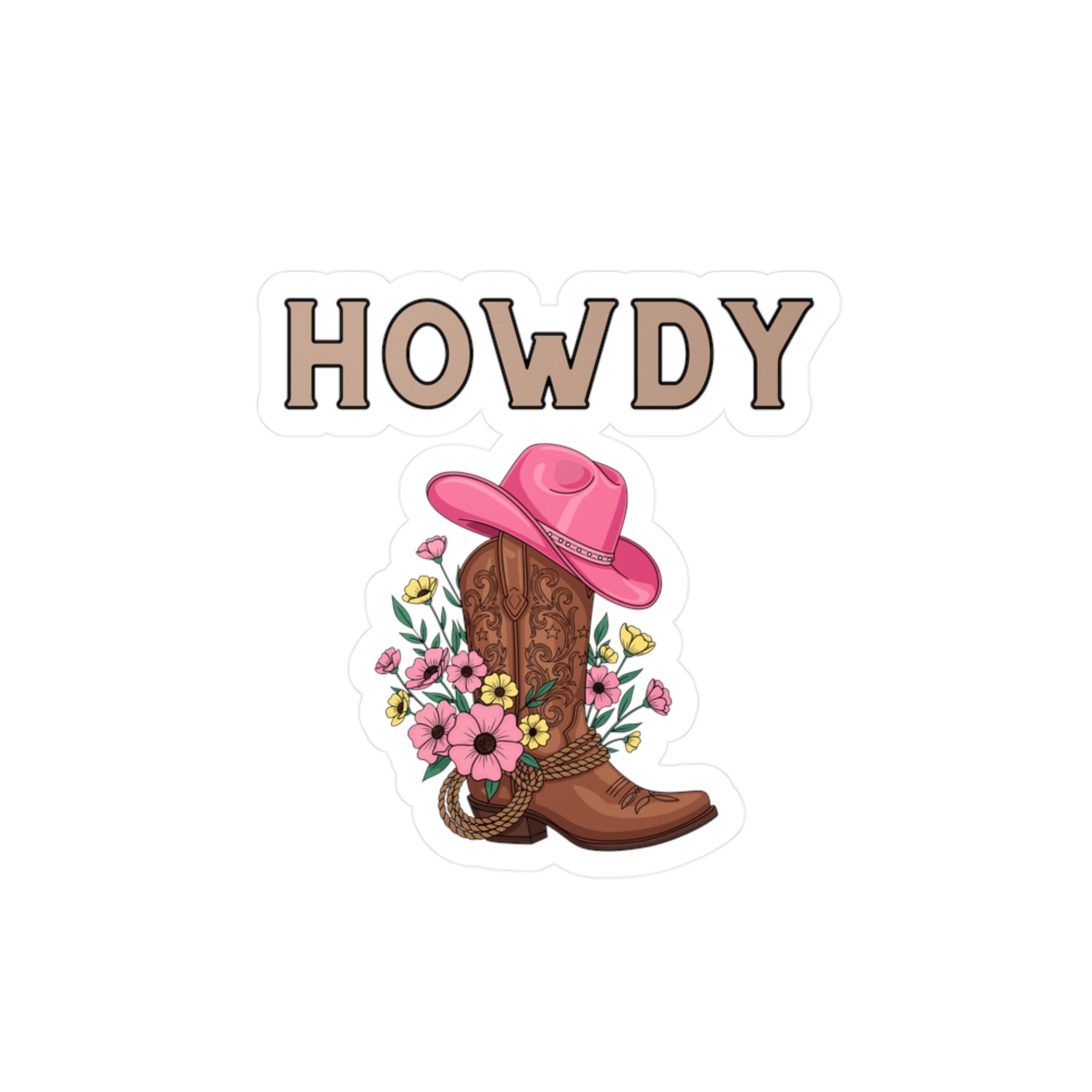 Howdy Cowgirl Sticker - Kiss-Cut Vinyl Decal with Cowboy Boot, Pink Hat & Floral Design