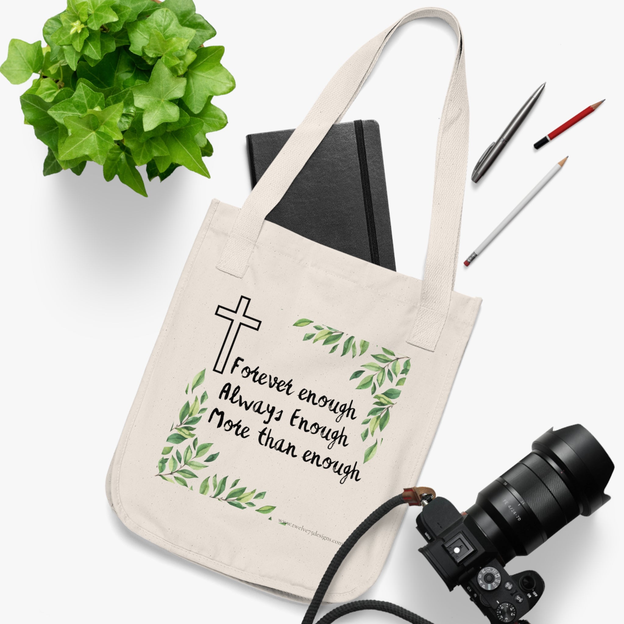 Forever Enough Canvas Tote Bag – Faith-Inspired Minimal Botanical Design