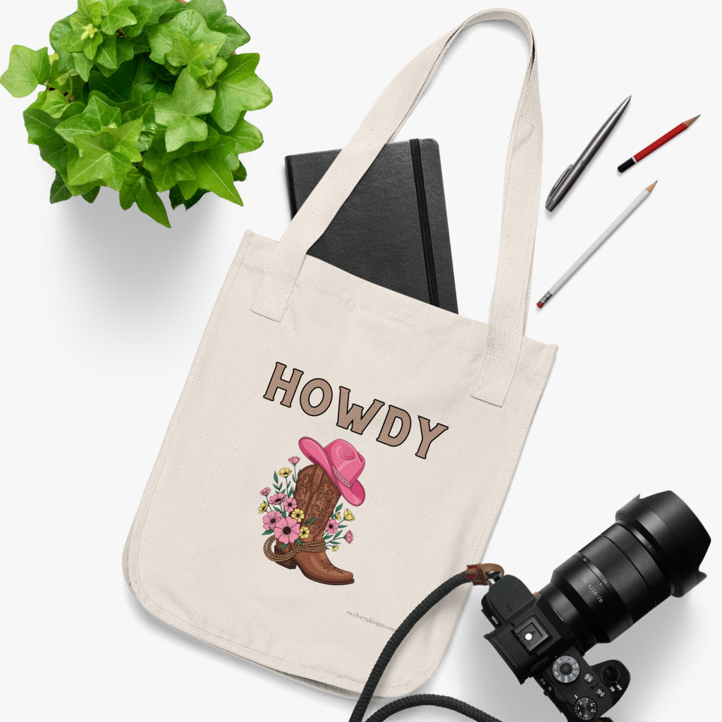 Howdy Cowboy Boot & Flowers Organic Canvas Tote Bag