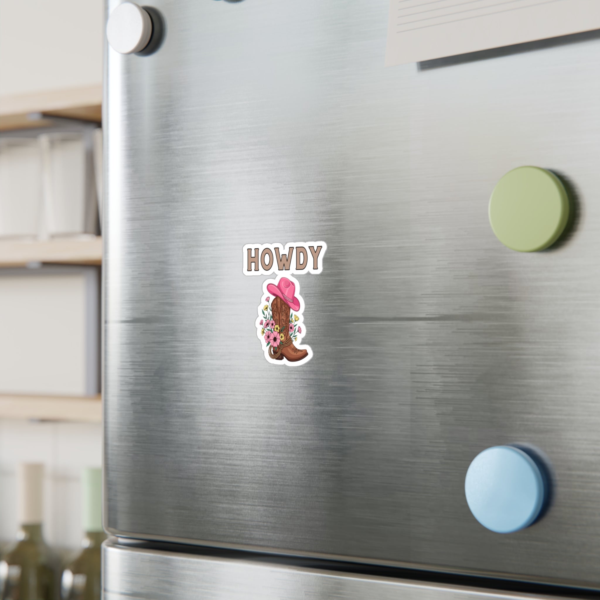 Howdy Cowgirl Sticker - Kiss-Cut Vinyl Decal with Cowboy Boot, Pink Hat & Floral Design