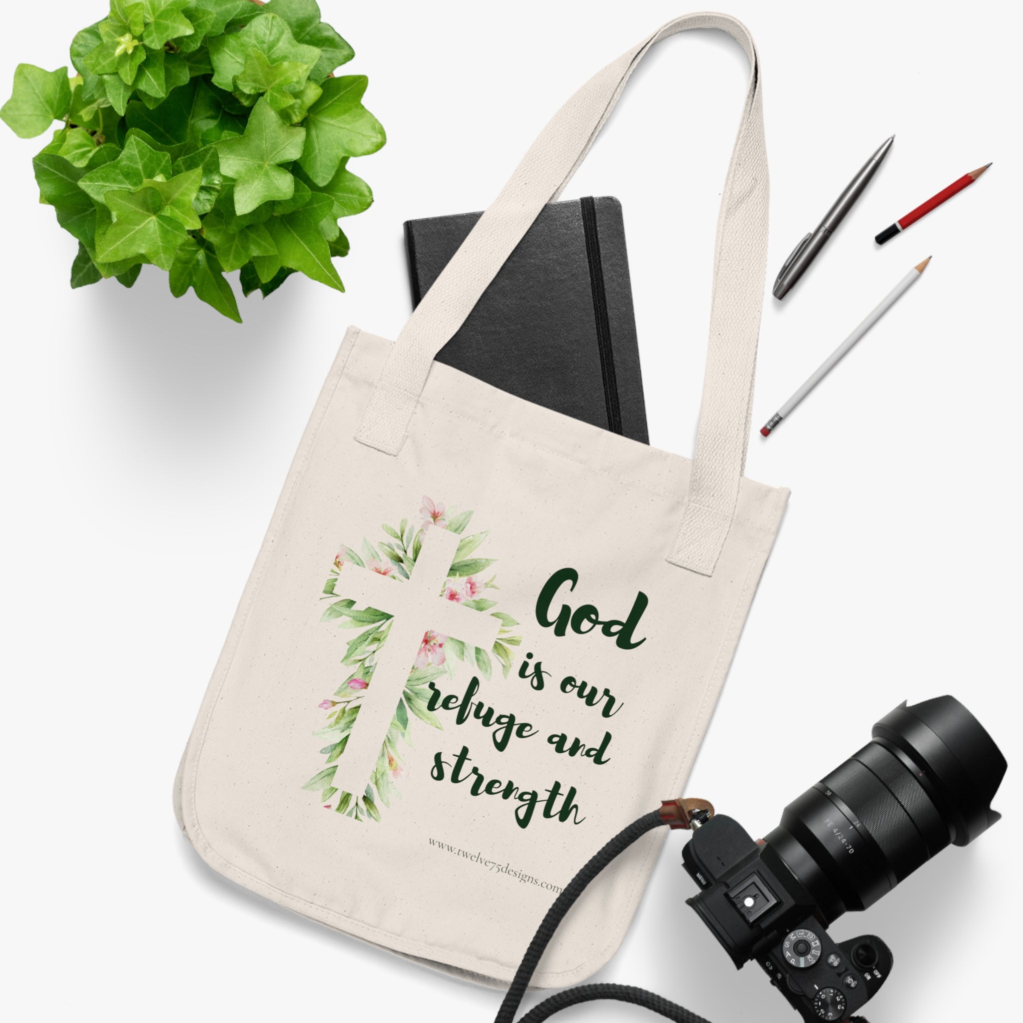 God Is Our Refuge and Strength Canvas Tote Bag – Faith Floral Cross Design
