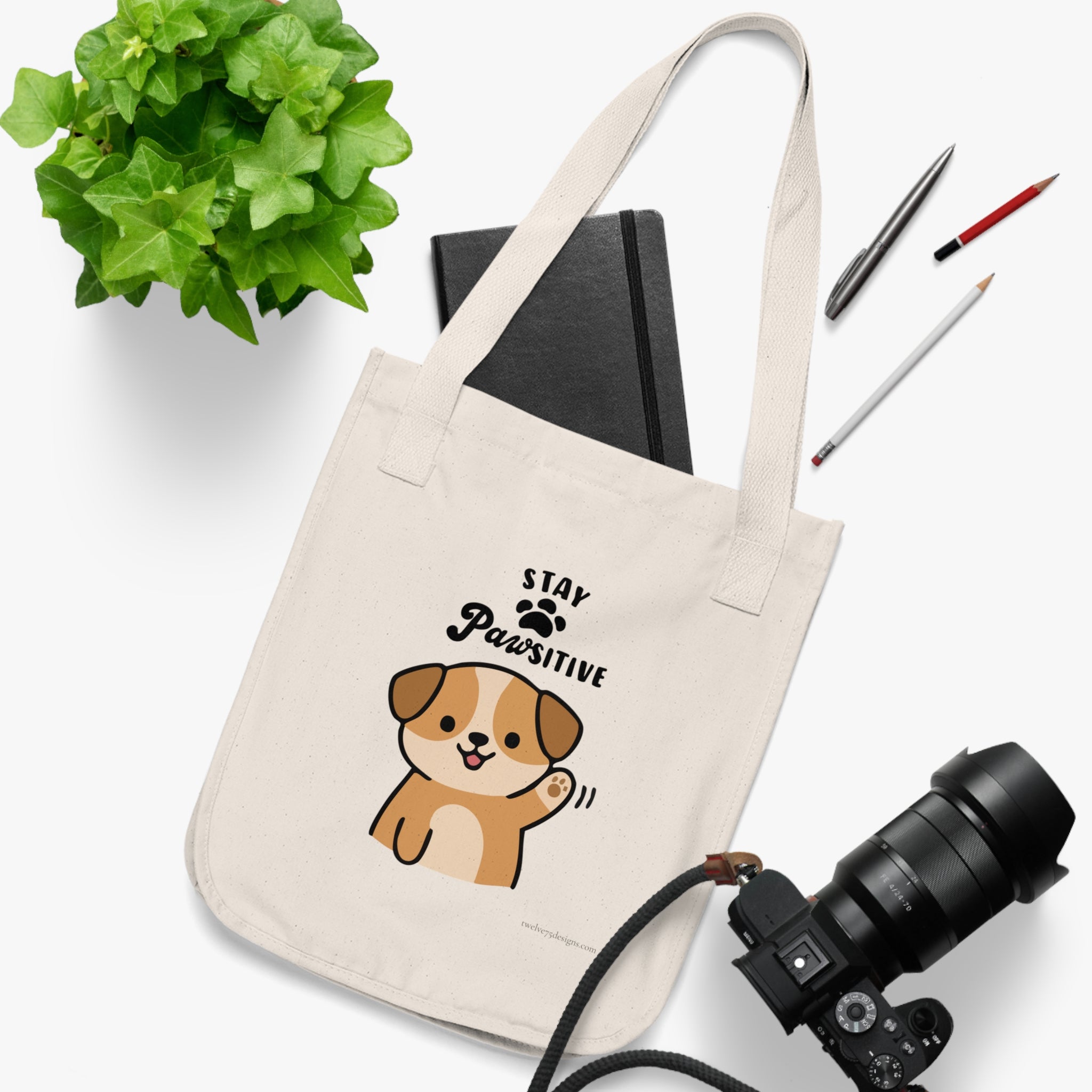 Stay Pawsitive Organic Canvas Tote Bag | Designs by Cat Collection