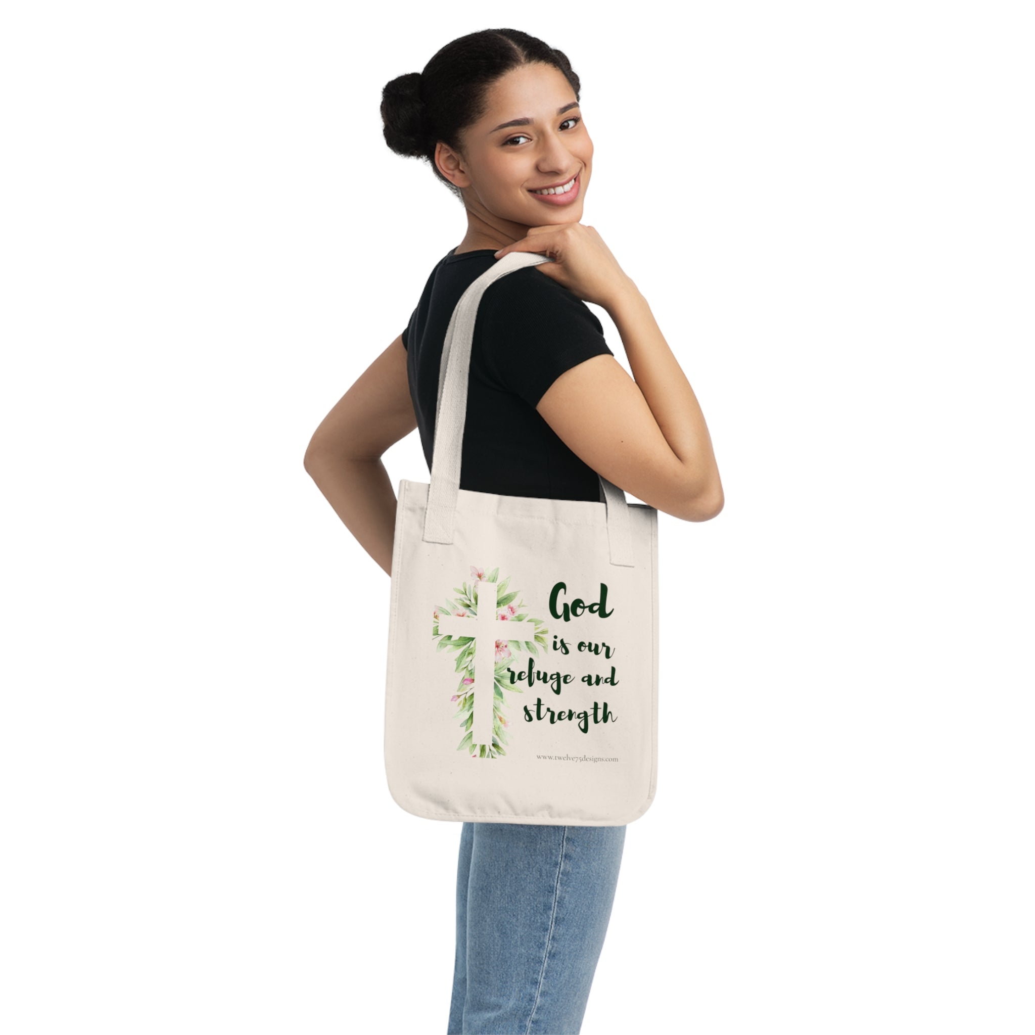 God Is Our Refuge and Strength Canvas Tote Bag – Faith Floral Cross Design