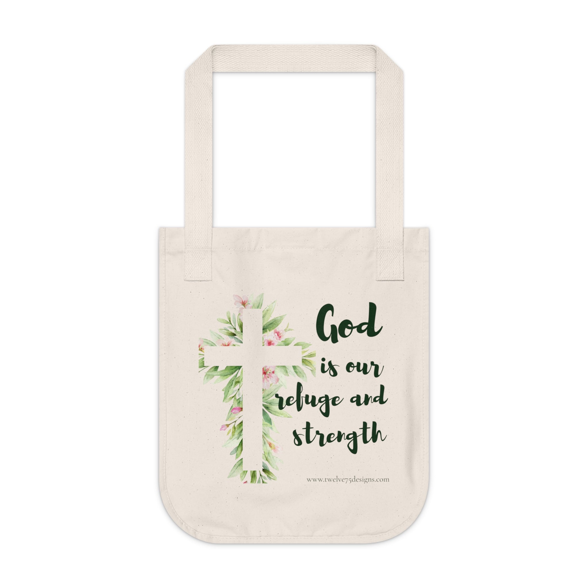 God Is Our Refuge and Strength Canvas Tote Bag – Faith Floral Cross Design