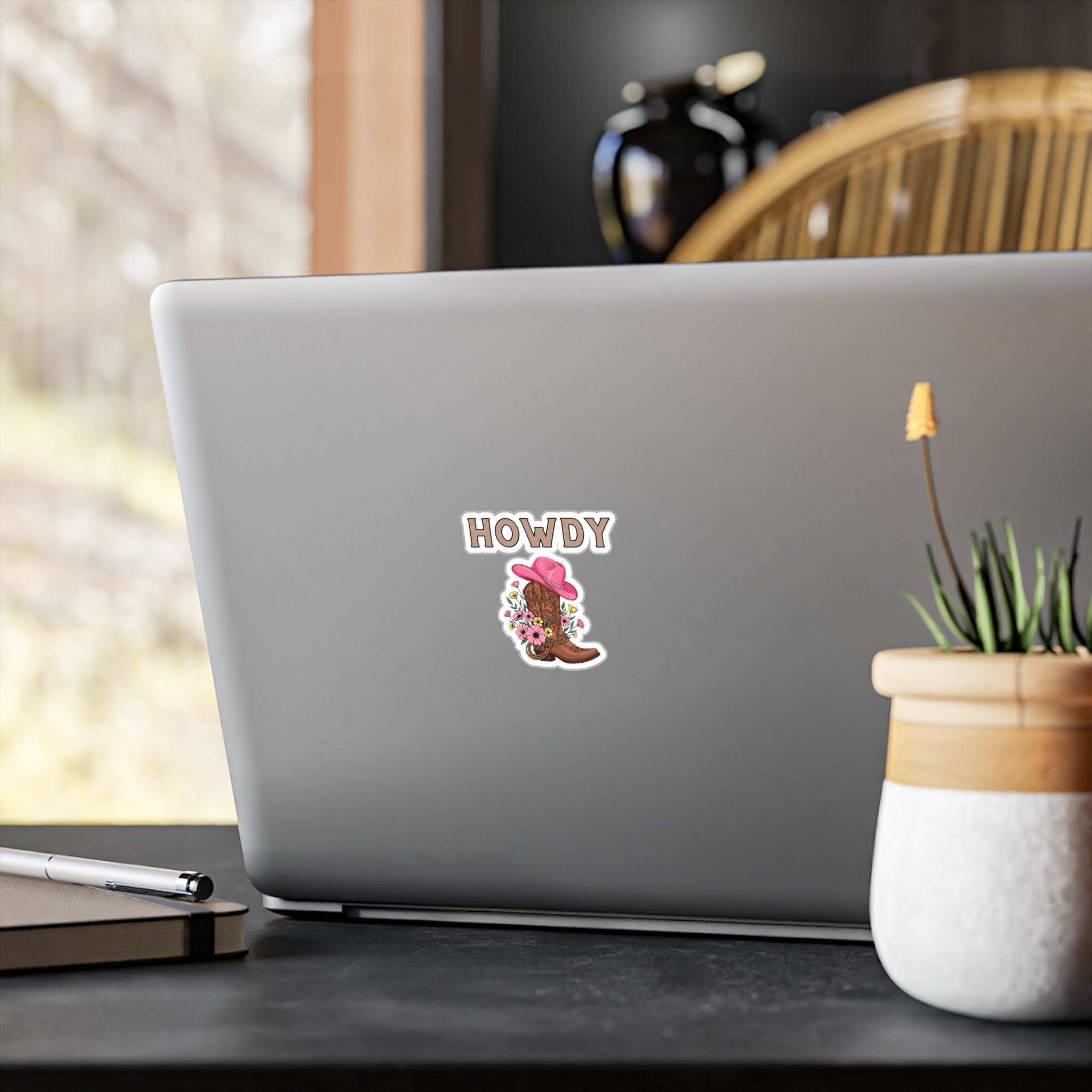 Howdy Cowgirl Sticker - Kiss-Cut Vinyl Decal with Cowboy Boot, Pink Hat & Floral Design